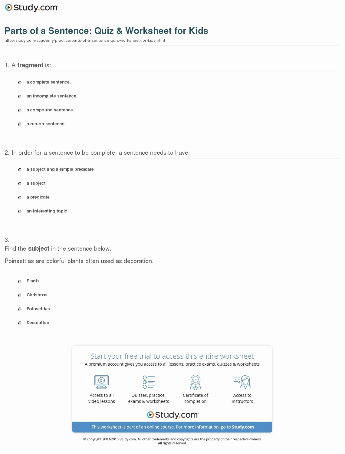Parts Of A Sentence Worksheet Fresh Parts Of A Sentence Quiz 