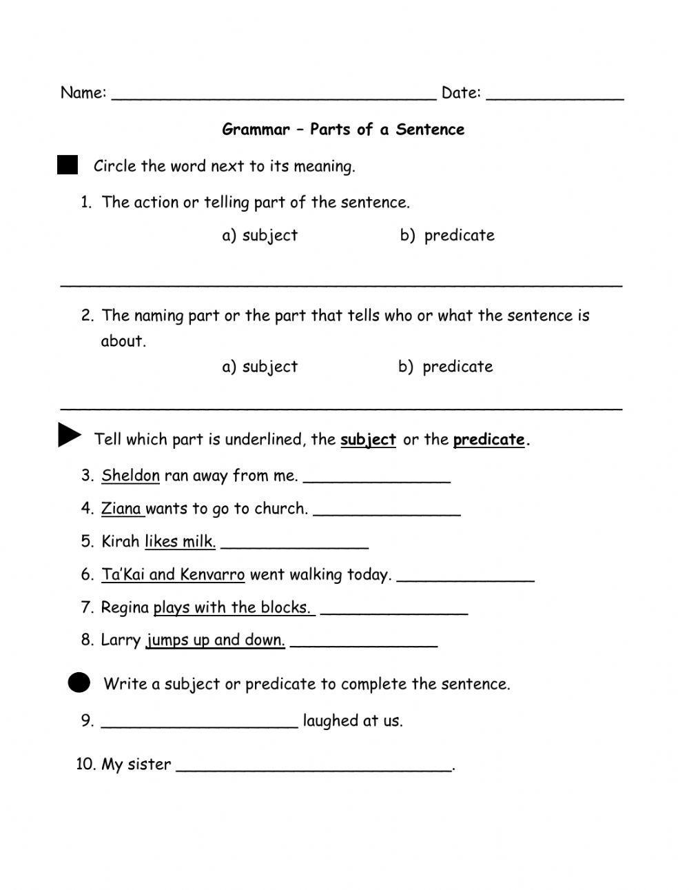 parts of a sentence worksheet