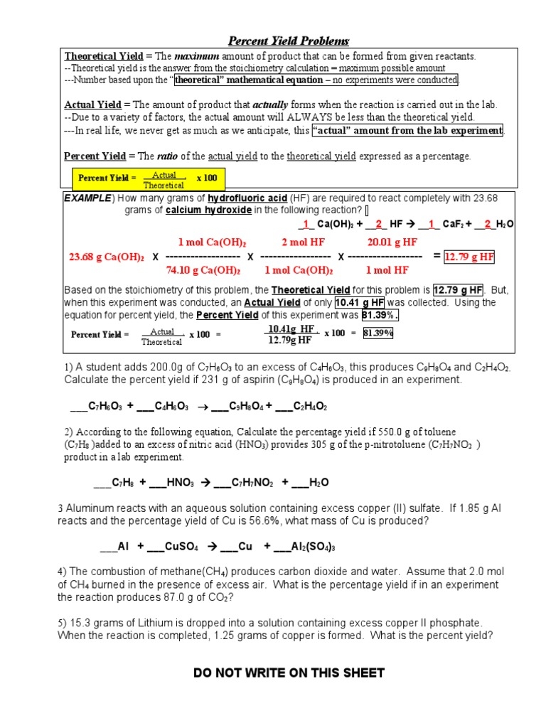 percent yield worksheet