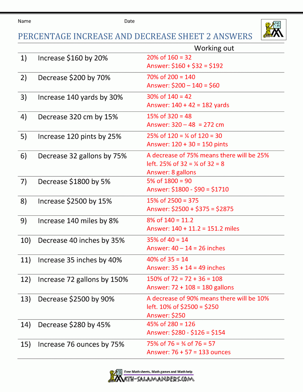 Percentage Increase And Decrease Worksheets Worksheets Library