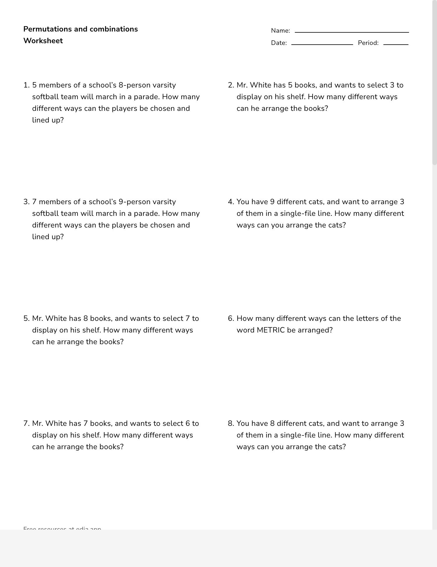 Permutations Combinations Worksheet Distance Learning 
