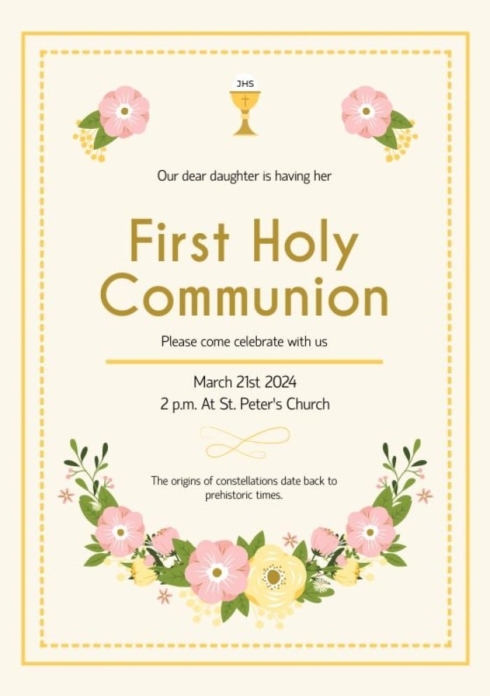 Personalize This Floral Doodle First Holy Communion Invitation Design 