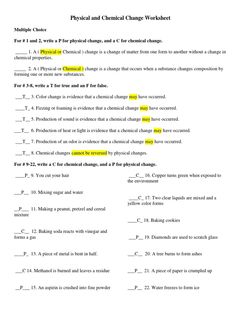 Physical And Chemical Change Worksheet PDF Worksheets Library