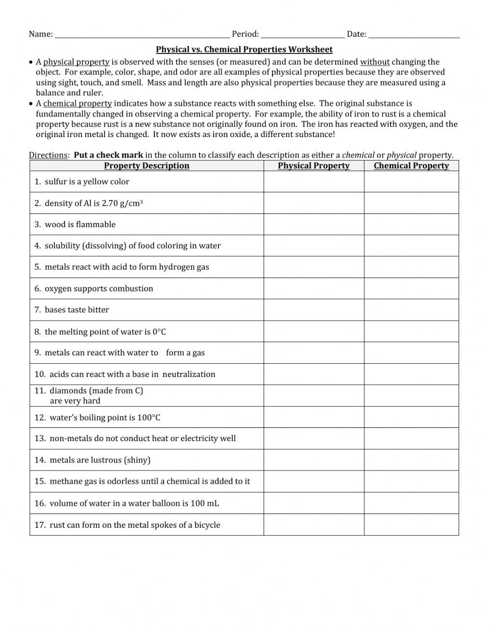 Physical Chemical Properties Changes Worksheet Worksheets Library