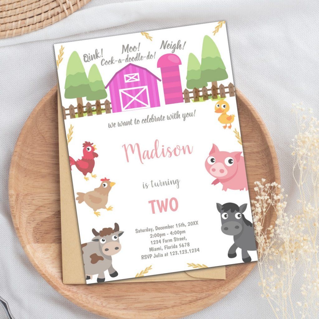 Pink Farm Animals Invitations Zazzle Farm Birthday Invitation Farm 