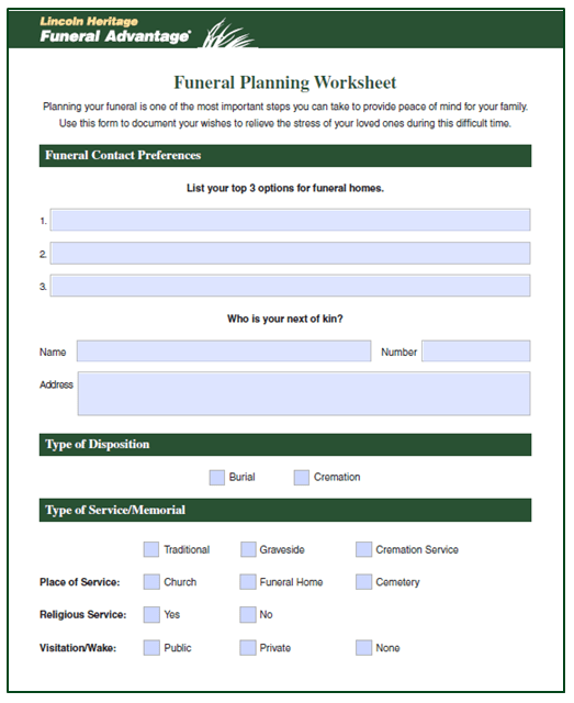 Planning Your Own Funeral Worksheet Printable Calendars AT A GLANCE