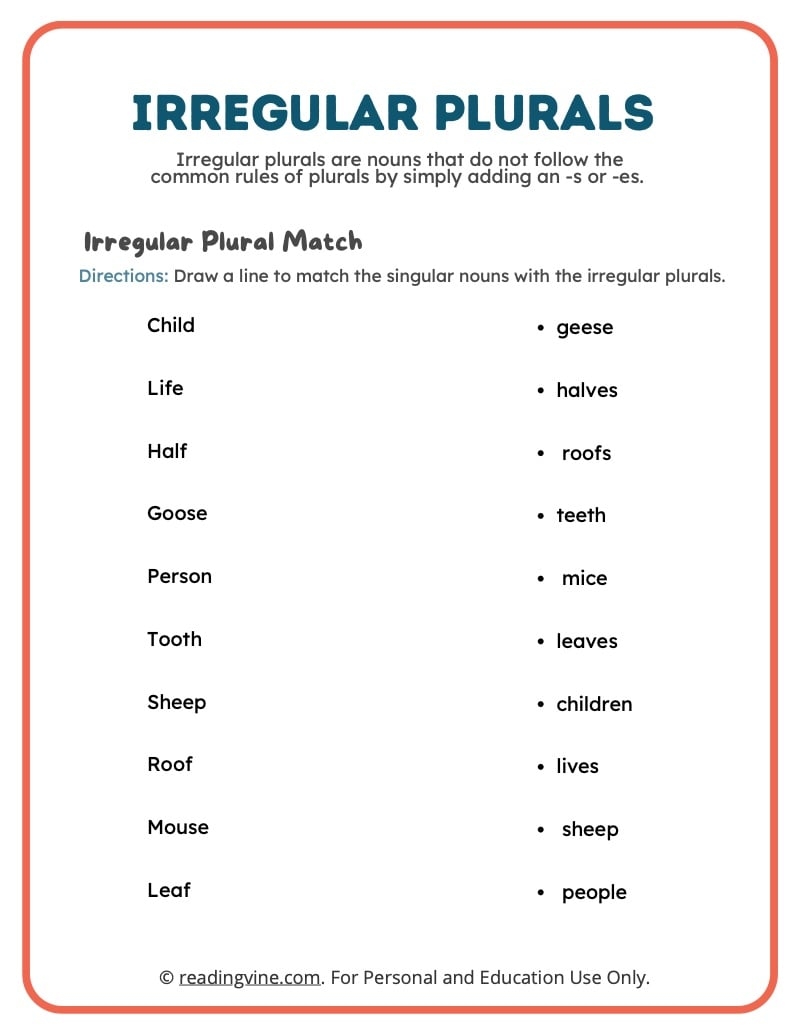 Plural Irregular Plural Nouns Worksheets ReadingVine