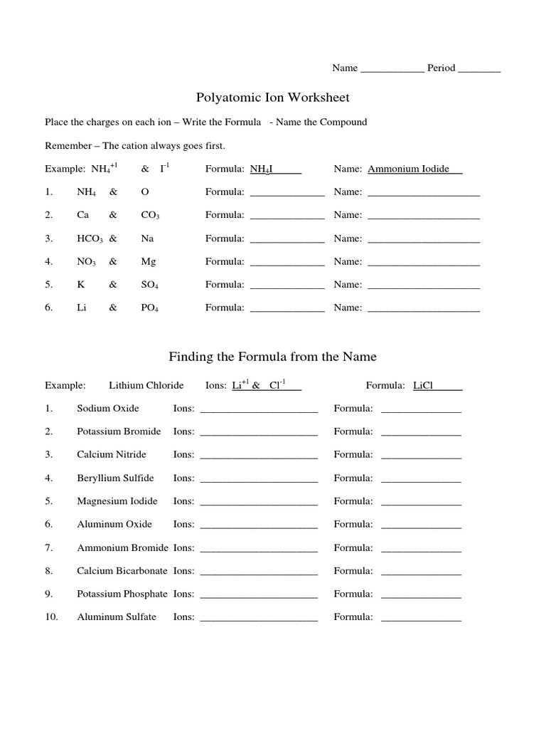 Polyatomic Ion Worksheet PDF Worksheets Library