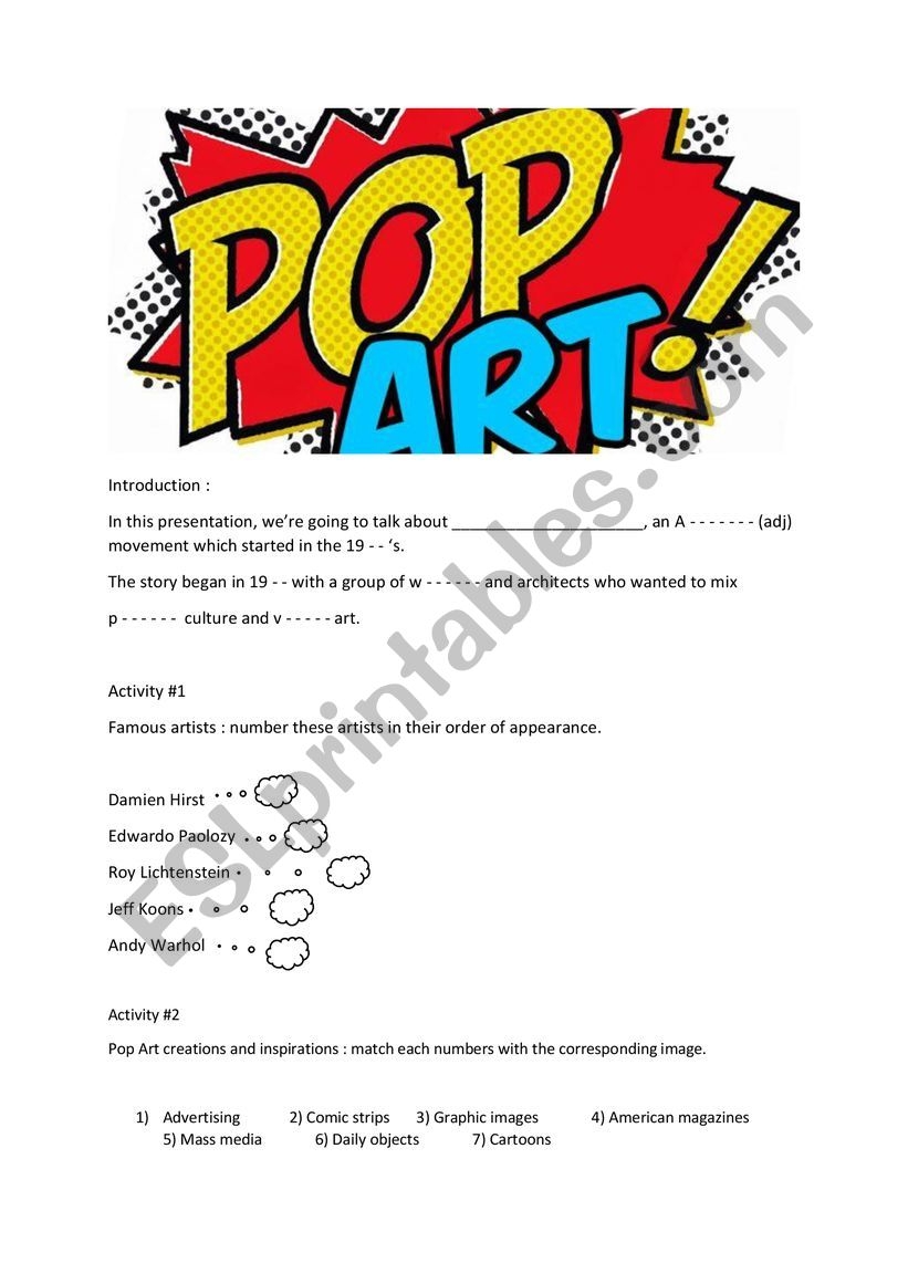 pop art worksheet free printable