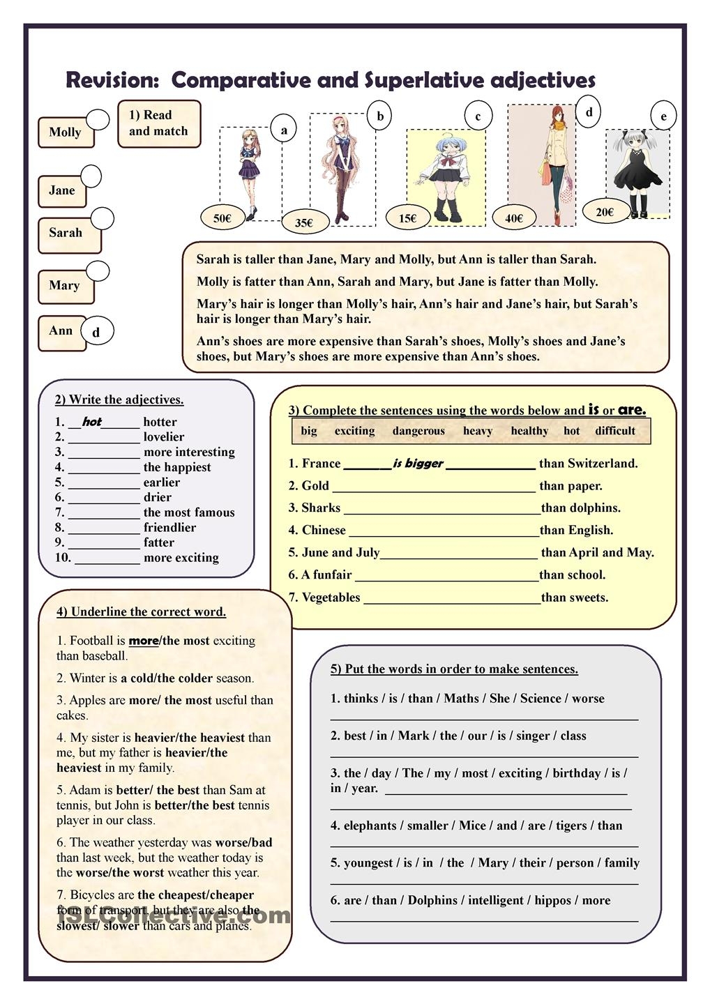 Positive Comparative Superlative Adjectives Worksheets