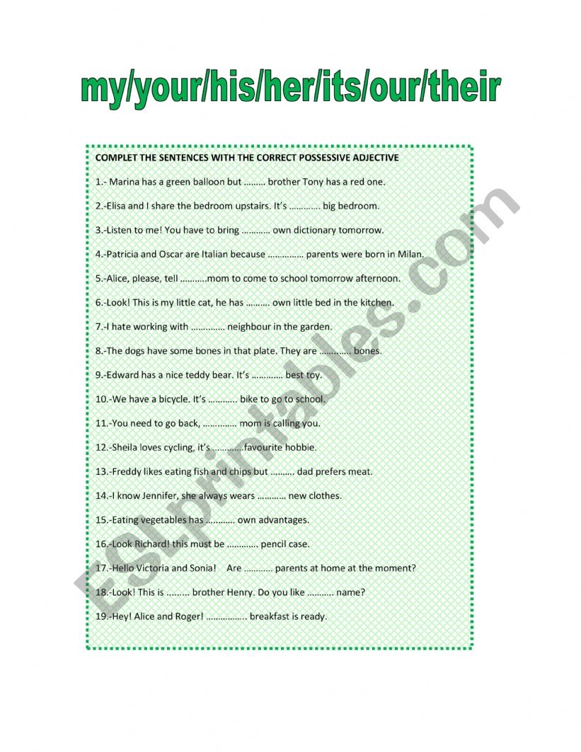 POSSESSIVE ADJECTIVES ESL Worksheet By Mariaah