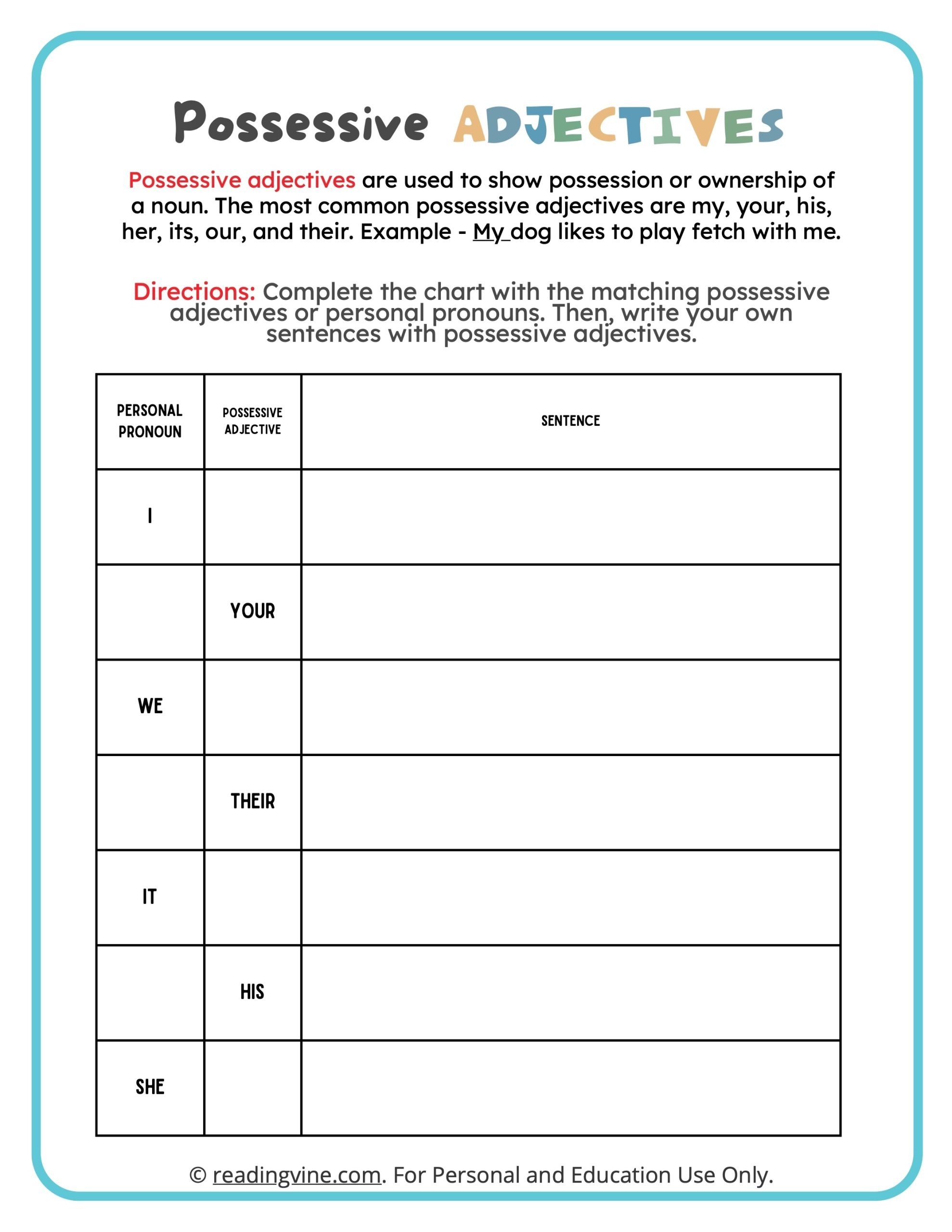 Possessive Adjectives Worksheets ReadingVine