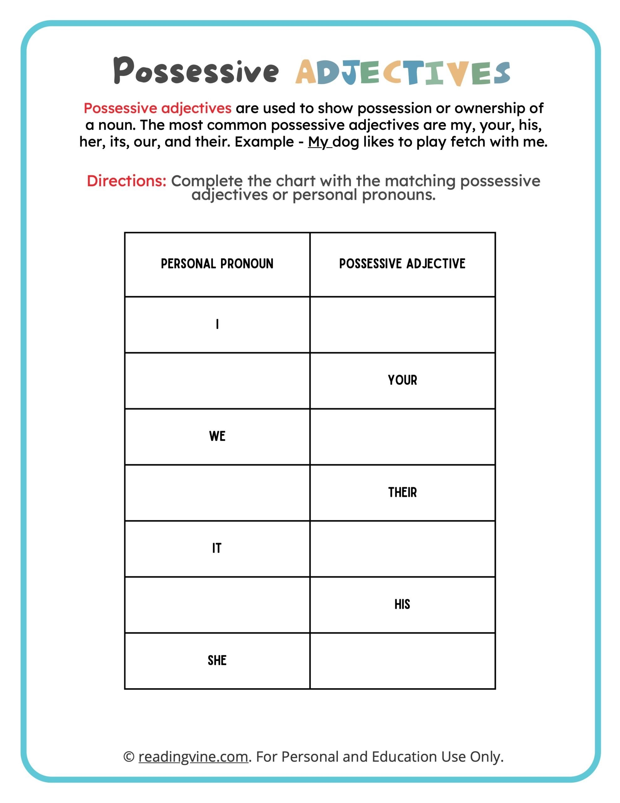 Possessive Adjectives Worksheets ReadingVine