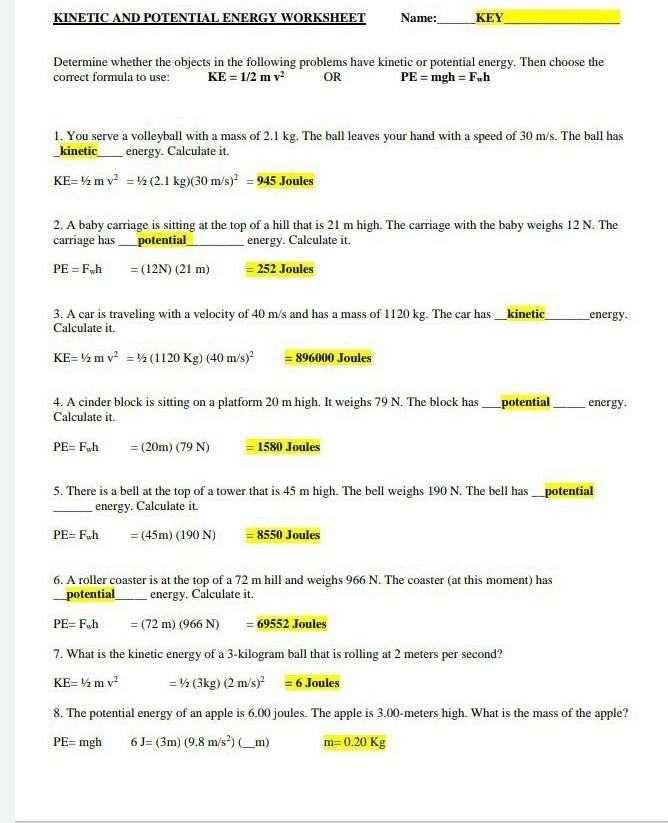 energy potential and kinetic worksheets
