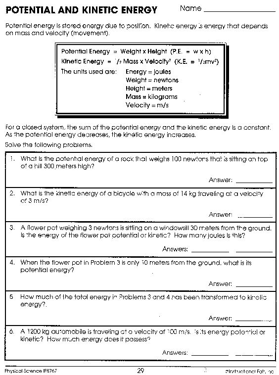 Potential And Kinetic Energy Worksheet Answers Free Worksheets Samples