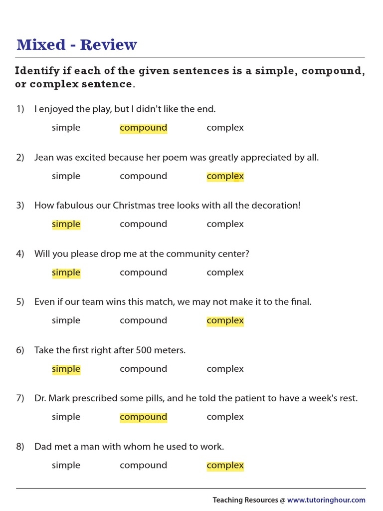 simple compound complex sentences worksheet