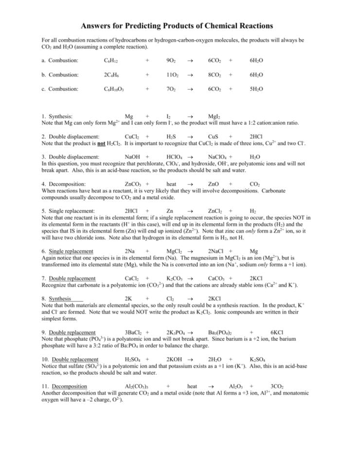 predicting products of chemical reactions worksheet answers