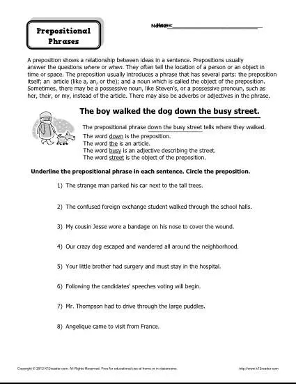 prepositions and prepositional phrases worksheet