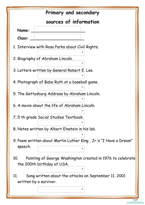 primary and secondary sources worksheet