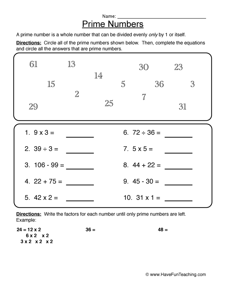prime numbers worksheet