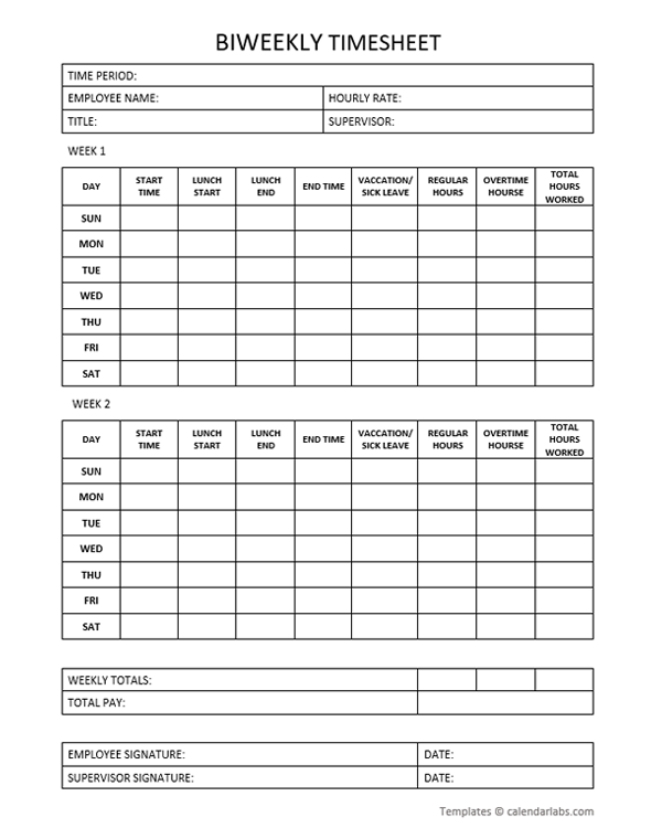 Printable Biweekly Timesheet Template Free Printable Templates