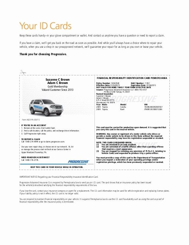 progressive printable fillable fake car insurance card template