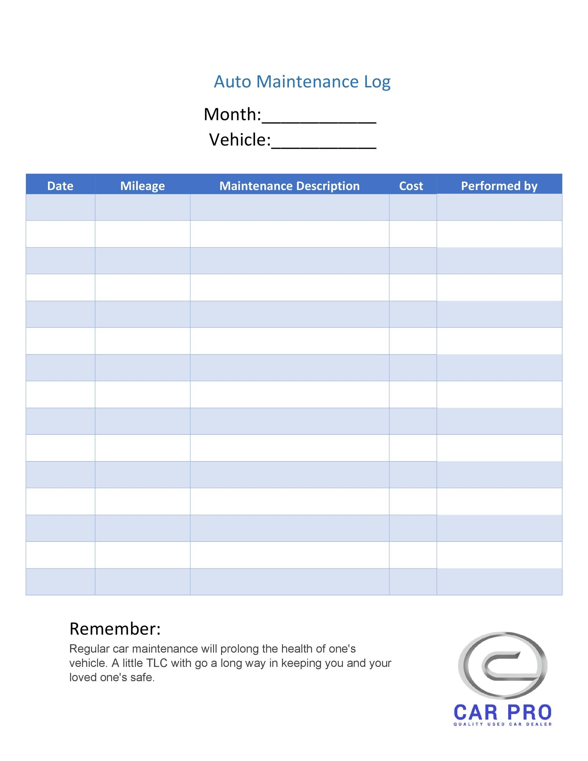 printable free vehicle maintenance log template