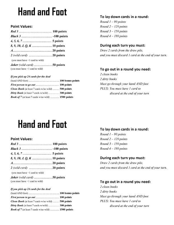 Printable Hand And Foot Card Game Rules Pdf