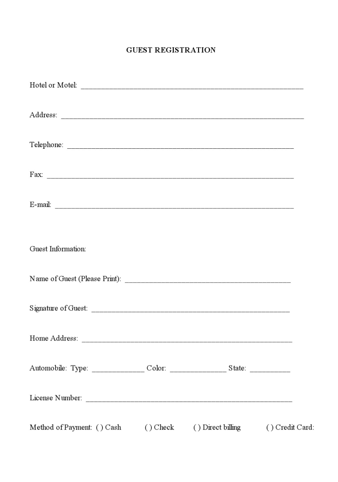 Printable Hotel Registration Card Template Printable JD