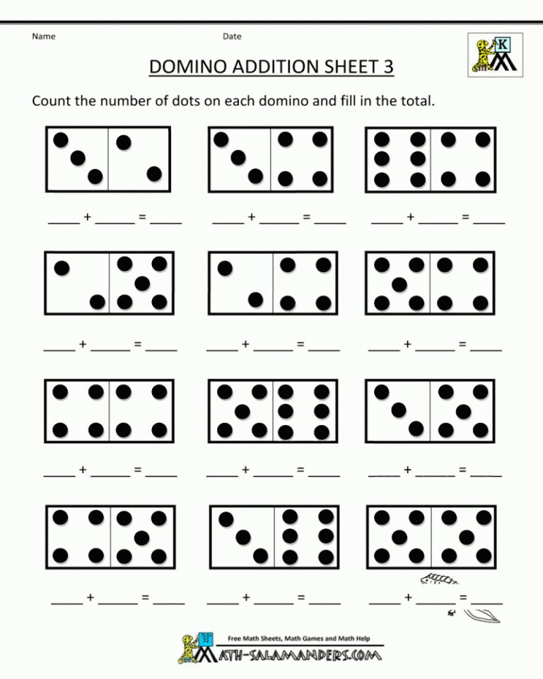 Printable Kindergarten Math Worksheets Domino Addition 3 Math