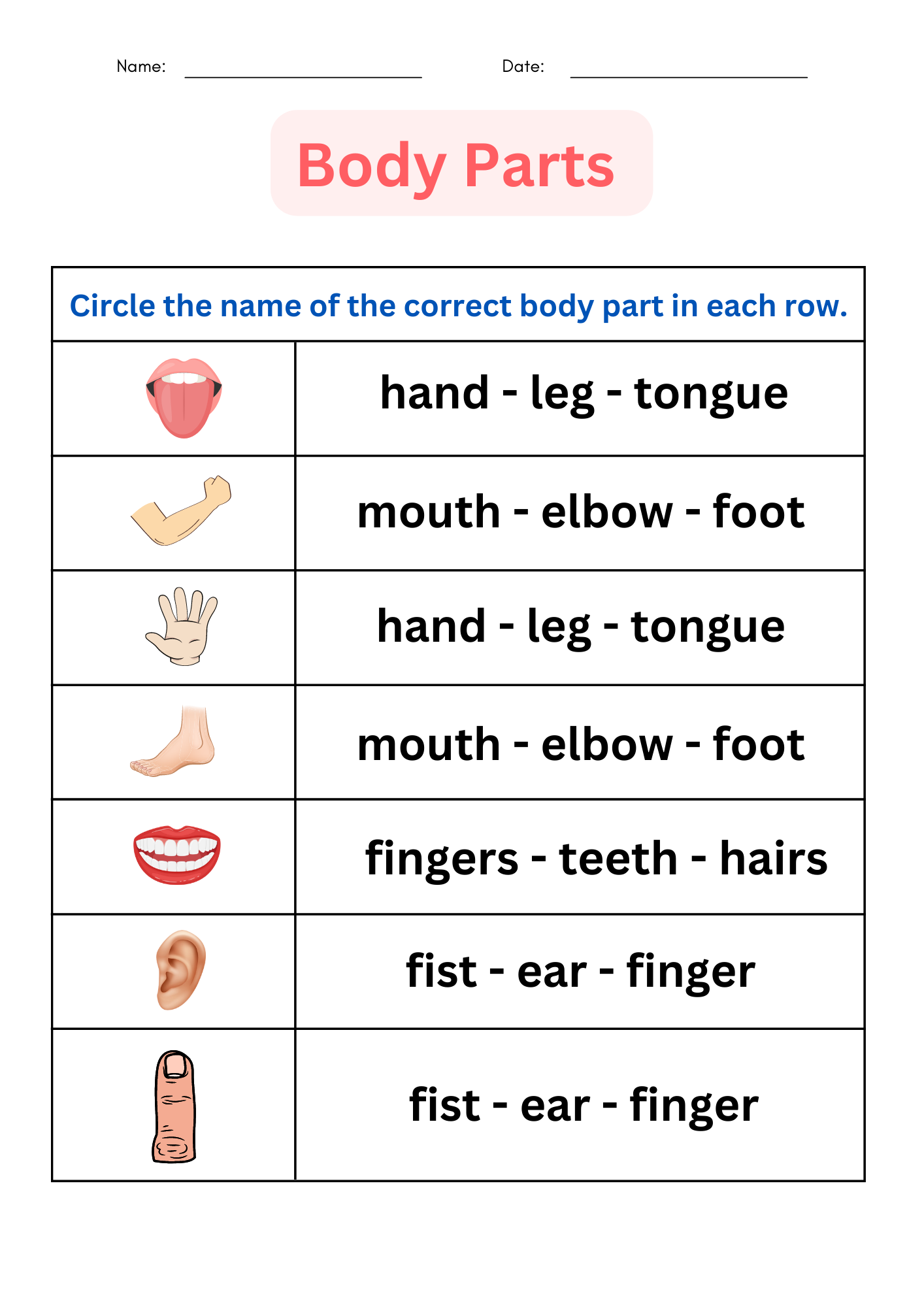 printable body parts worksheet for grade 1