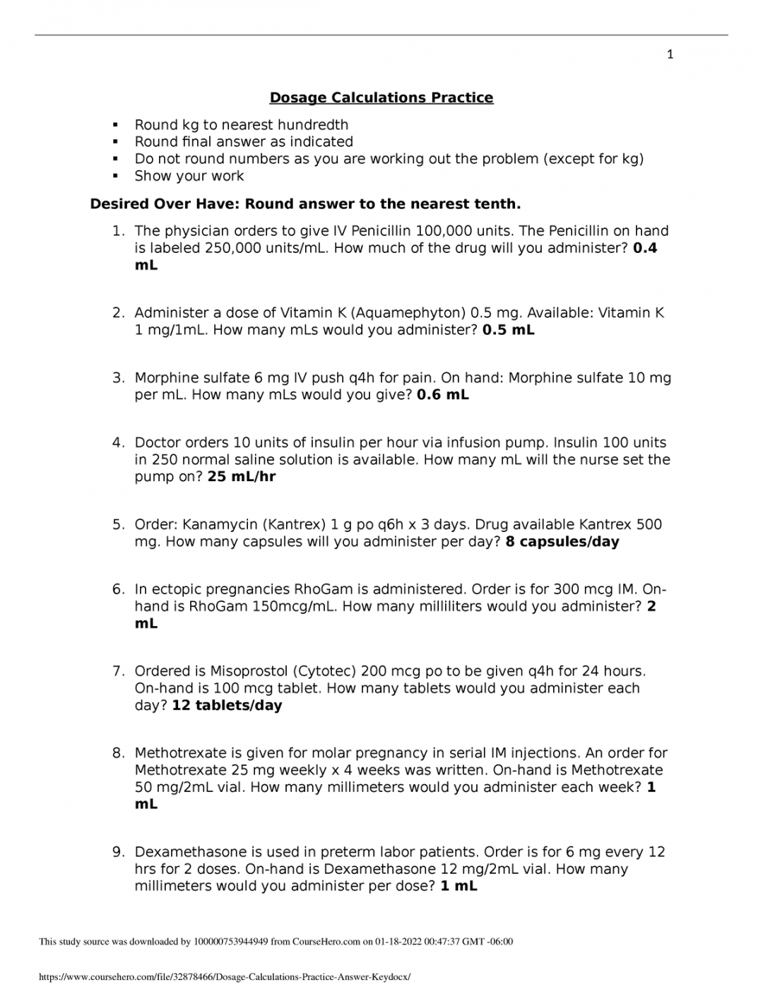 Printable Nursing Dosage Calculation Practice Worksheet Printable PDF