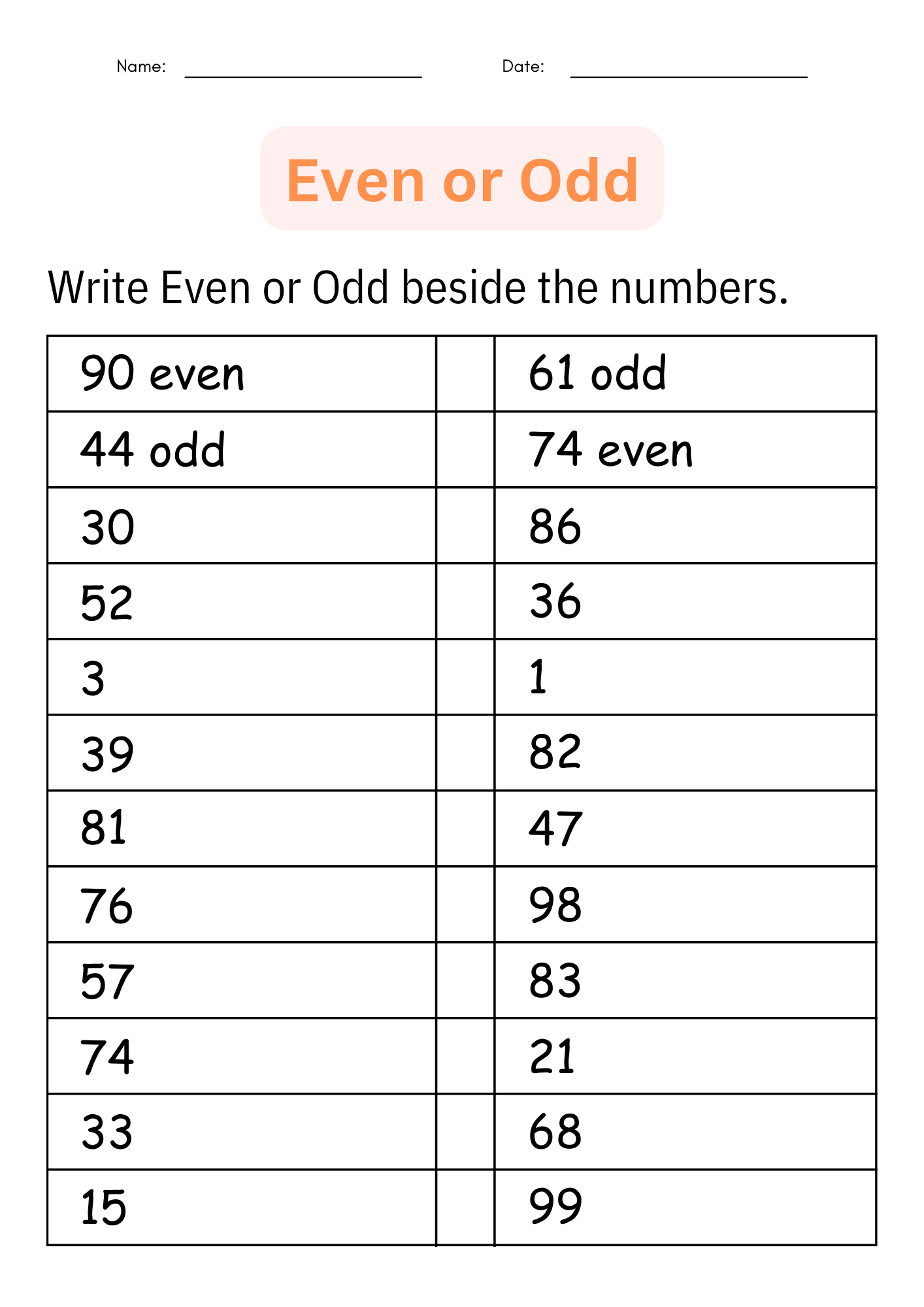 odd or even worksheets
