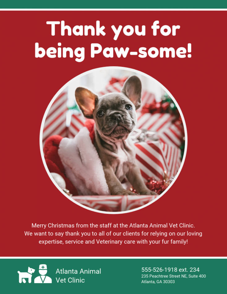 Printable Vet Clinic Christmas Thank You Card Template Thank You Card