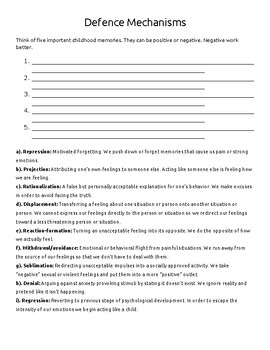 Psychology Defense Mechanisms Worksheet By Transformation Teaching 