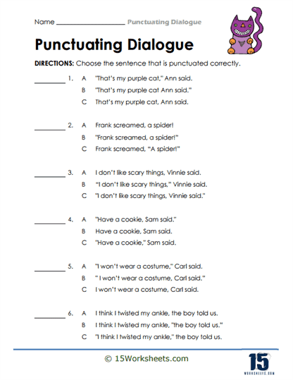 punctuating dialogue worksheet
