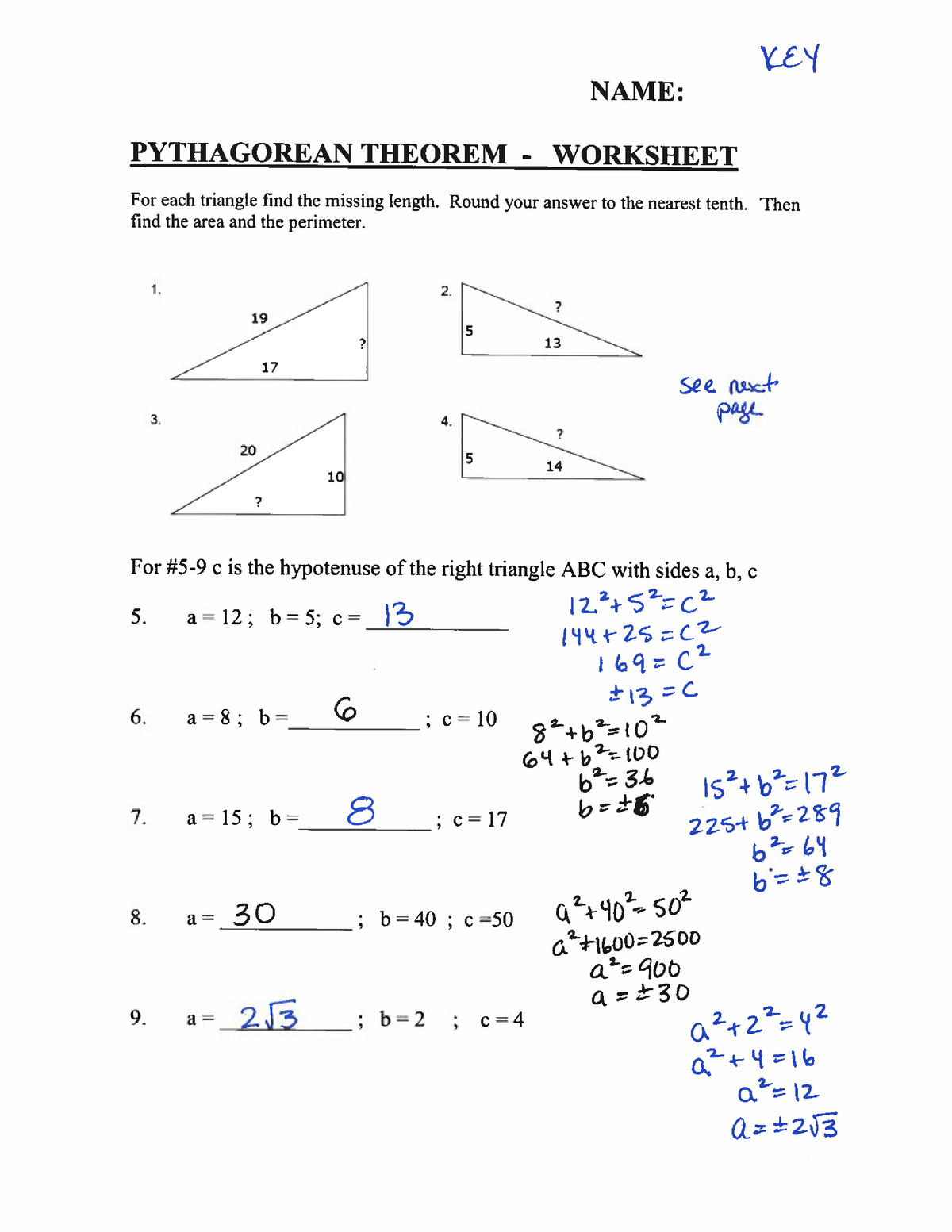 Pythagorean Theorem Word Problems Matching Worksheet Answer Key 