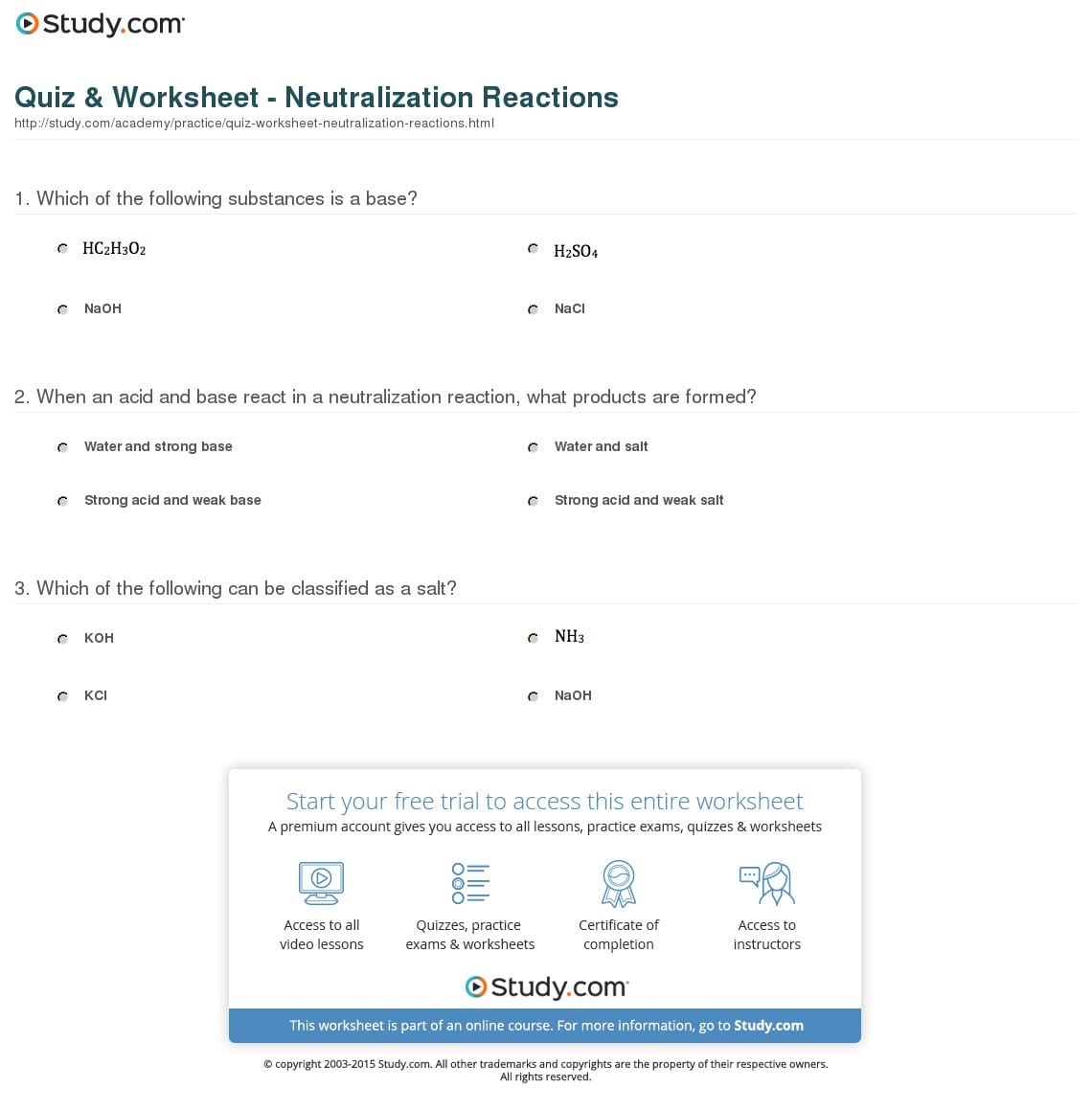 Quiz Worksheet Neutralization Reactions Study Db excel