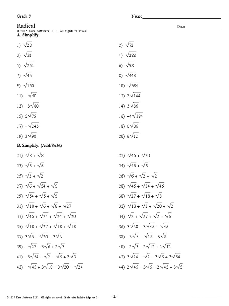 radicals simplify worksheet