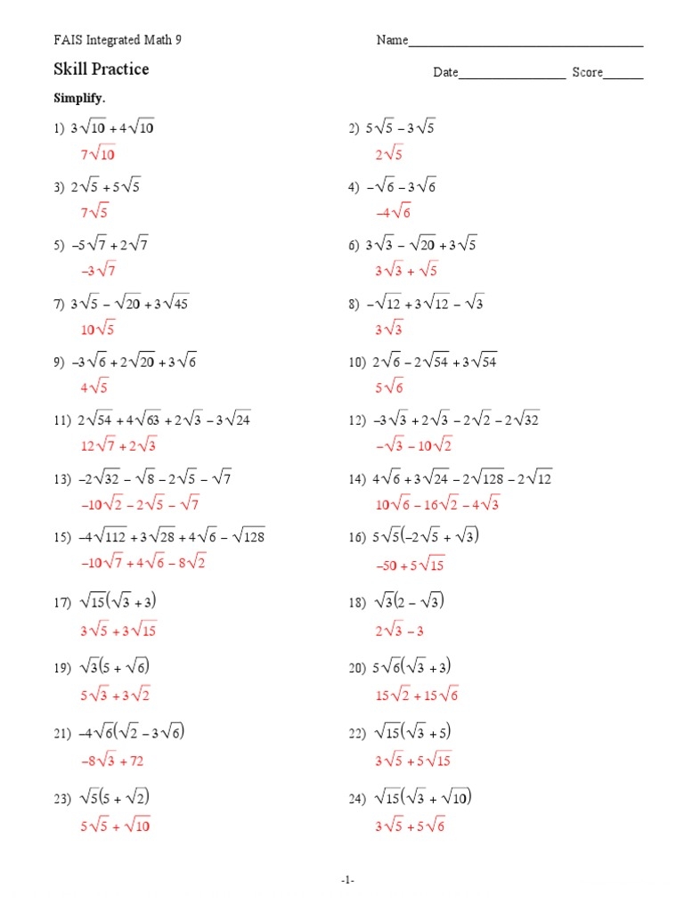 Radical Worksheet With Answers PDF Worksheets Library