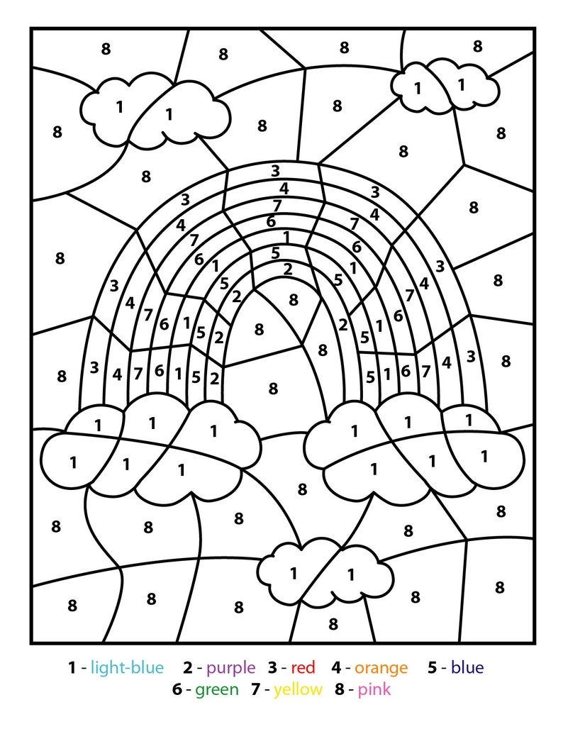 Rainbow Color By Number Kids Printable Various Theme Coloring Etsy