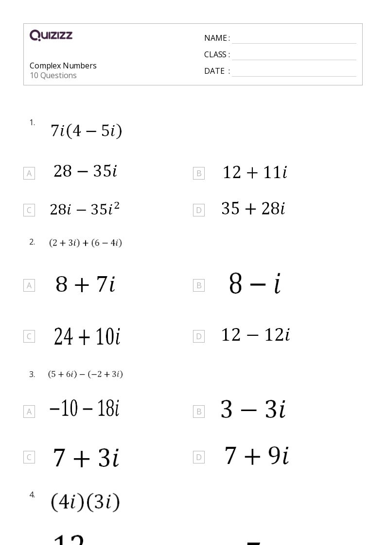 imaginary numbers worksheet