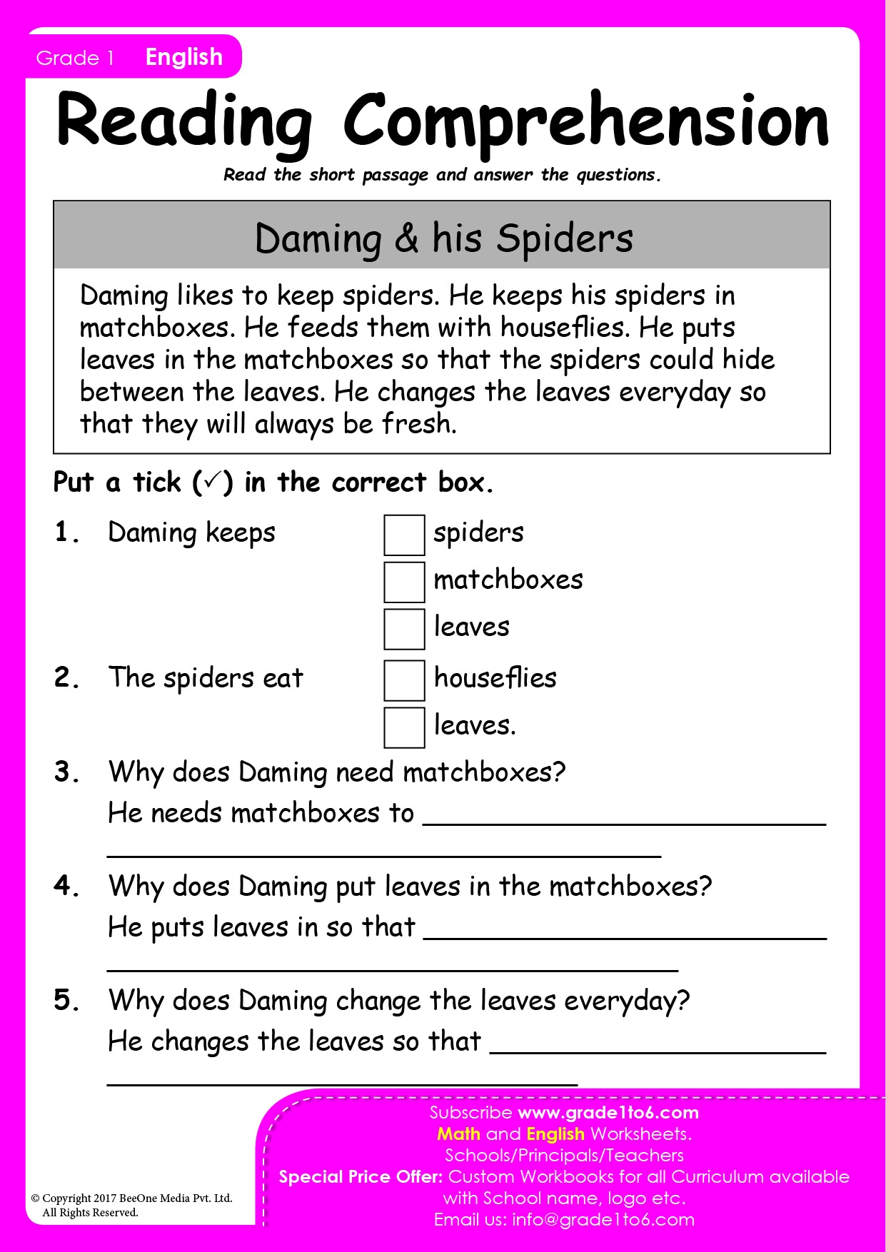 reading comprehension worksheets grade 1