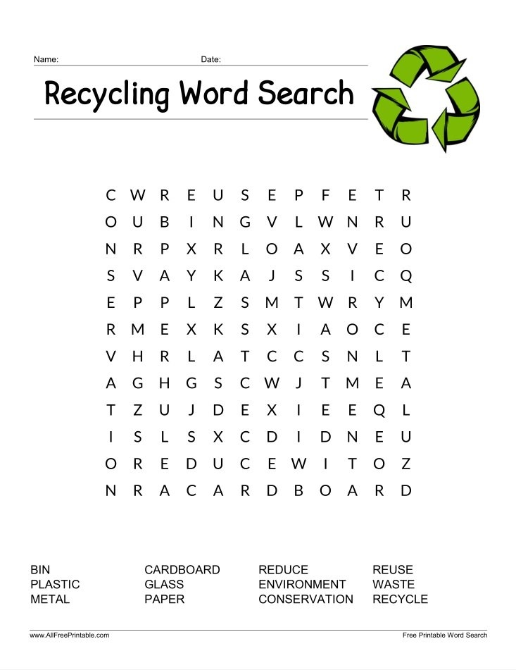 Recycling Word Search For Kids Free Printable