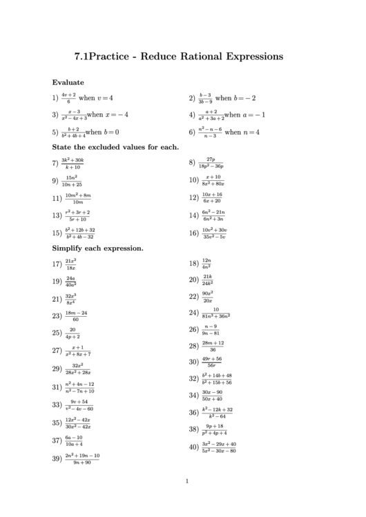 Reducing Rational Expressions Worksheet Printable Pdf Download