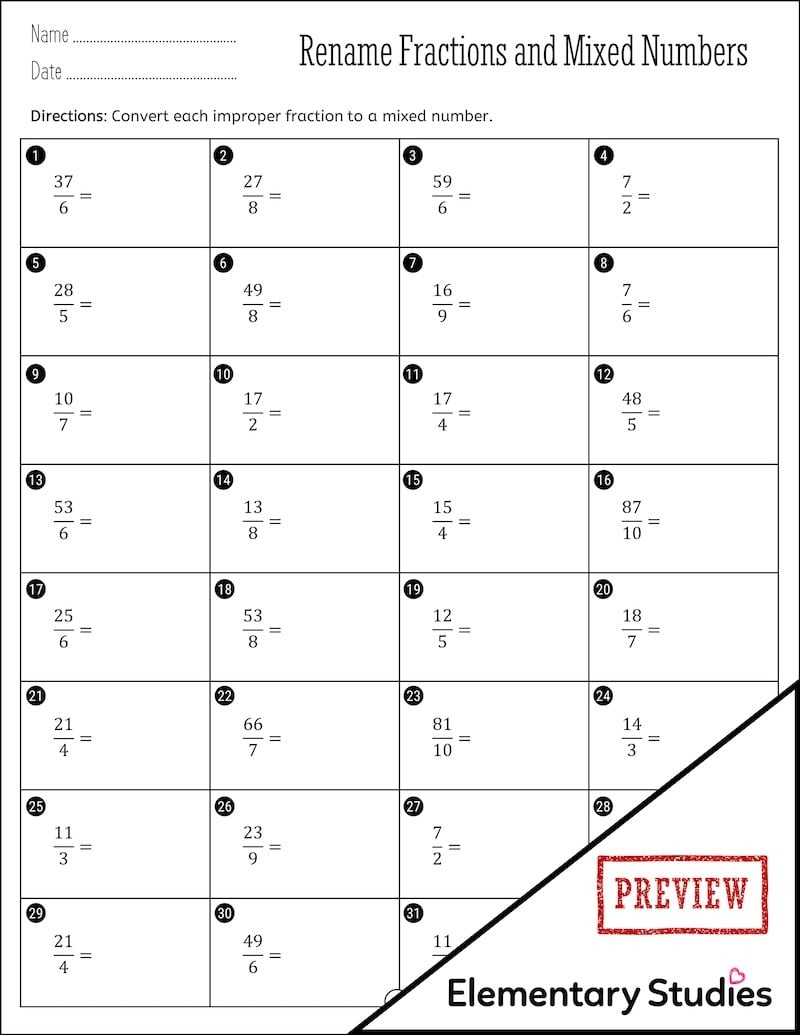 Renaming Fractions And Mixed Numbers Worksheets Elementary Studies 
