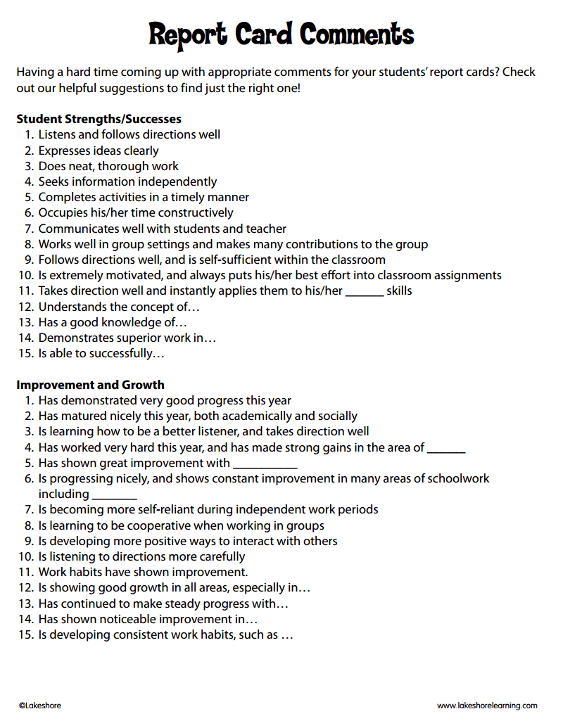 printable report card comments