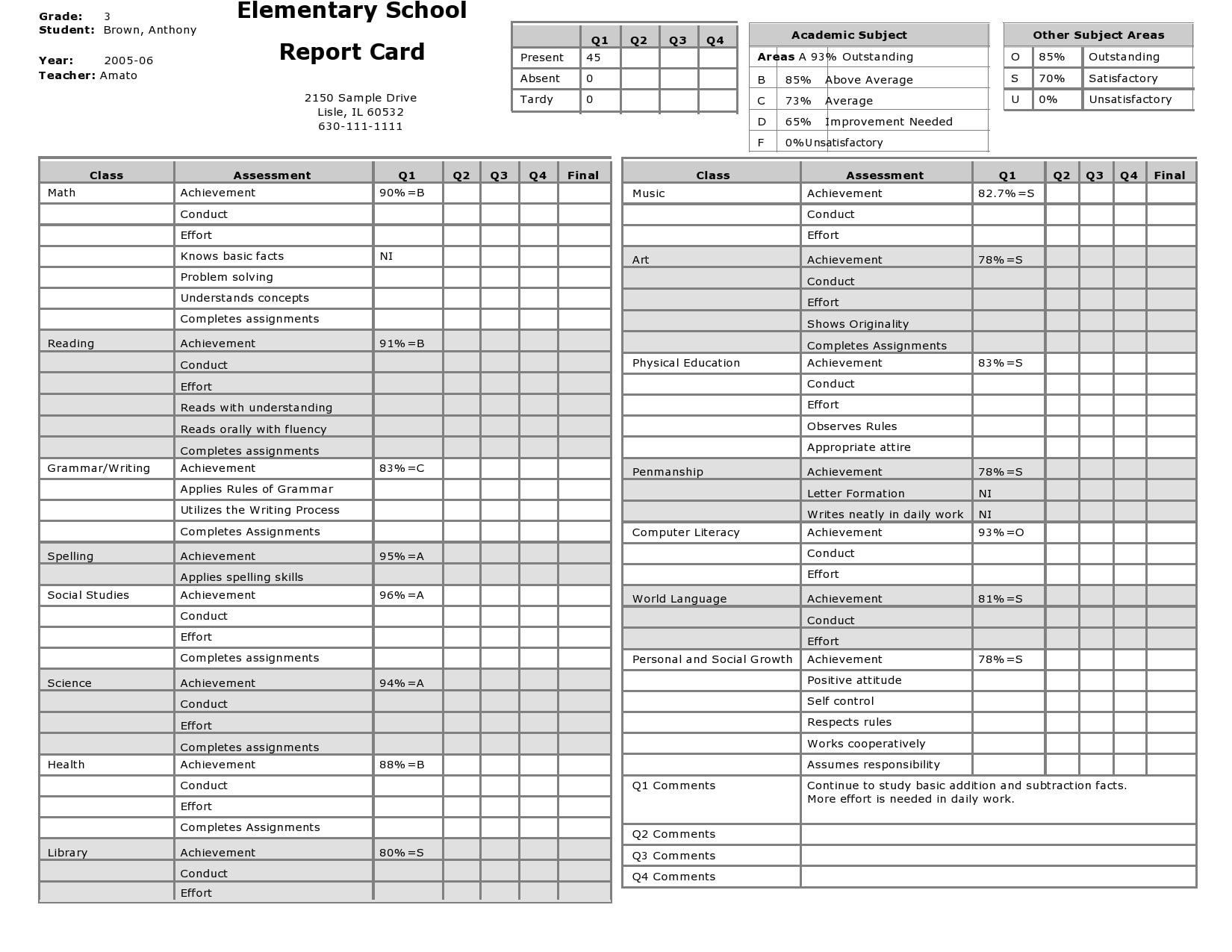 printable report card for homeschool