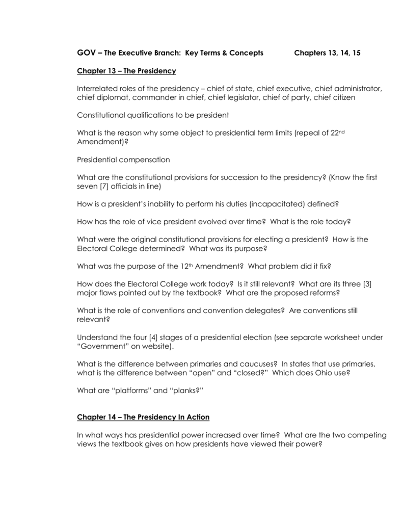 roles of the president worksheet