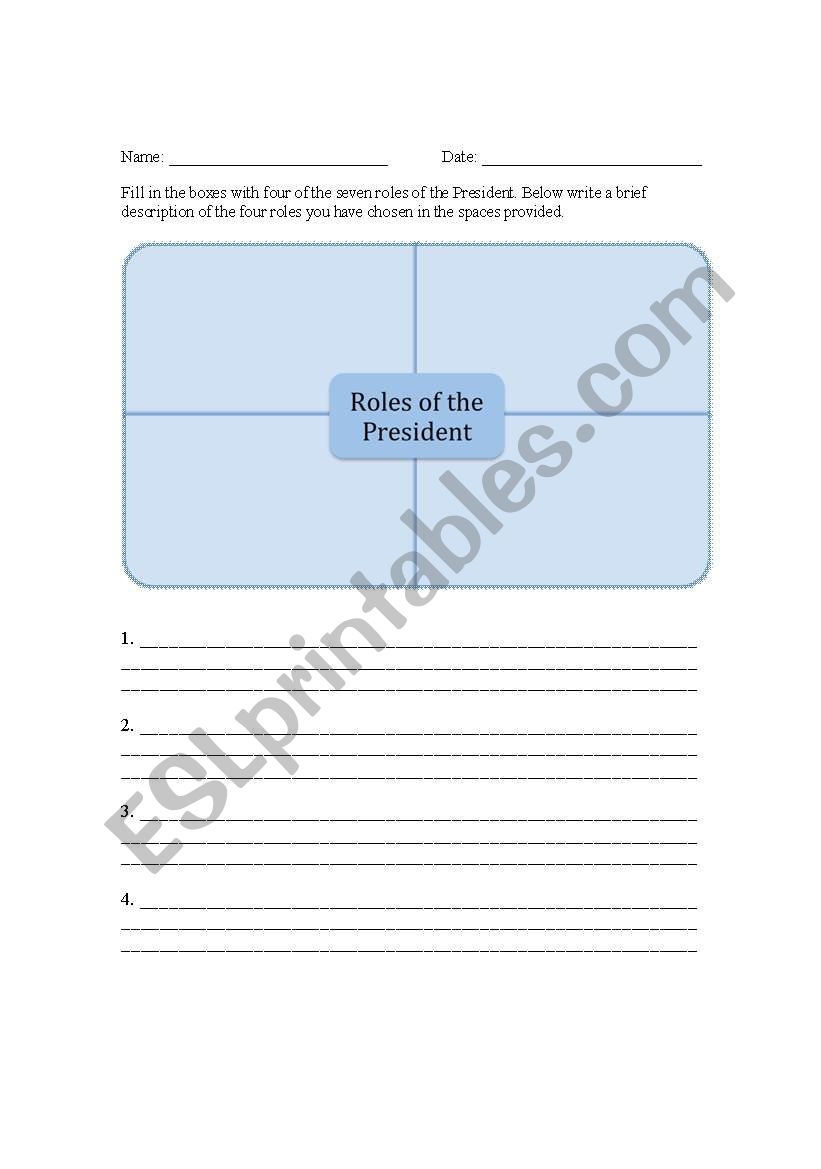 Roles Of The President Worksheet Printable PDF Template